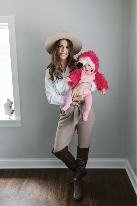 Rodeo Halloween Costume Family, Flamingo Baby Costume, Easy Mom And Daughter Halloween Costumes, Baby Girl Halloween Costumes Family, Flamingo Family Costume, Diy Zoo Keeper Costume Women, Zookeeper Family Costume, Mom And Baby Costumes Halloween, Zoo Keeper Family Costume