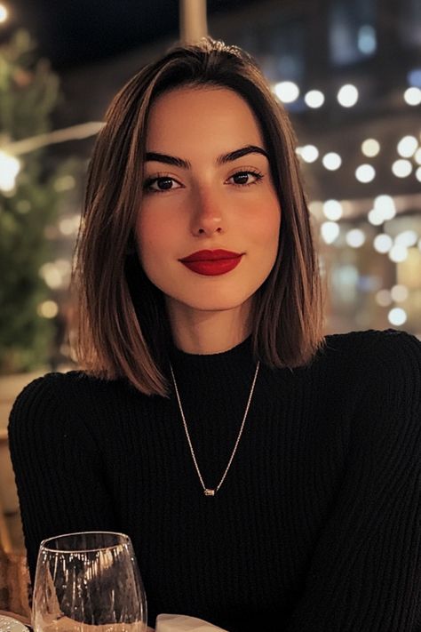 Woman with shoulder-length brown hair wearing a black sweater and red lipstick, sitting at a dinner table with string lights in the background. Lob Hairstyle Side Part, Short Hair No Styling, Long Bob Haircuts 2025, Lob Haircut Dark Hair, Hair Styles For Quinceañera, Ponytail Ideas For Short Hair, Cornrows Natural Hair No Extensions, Short Hair 2024, Medium Length Bob Haircut