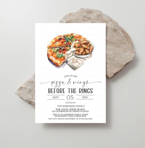 Pizza & Wings Before the Rings Invitation, Pizza Wings Wedding Rehearsal Invite, Couples Shower, Engagement Dinner Party, Editable Printable - Etsy Wings Before The Rings Party, Engagement Dinner Invitations, Pizza And Wings Before The Rings, Wings Before The Rings, Pizza Rehearsal Dinner, Casual Rehearsal Dinner, Casual Engagement Party, Pizza Couples, Engagement Dinner Party