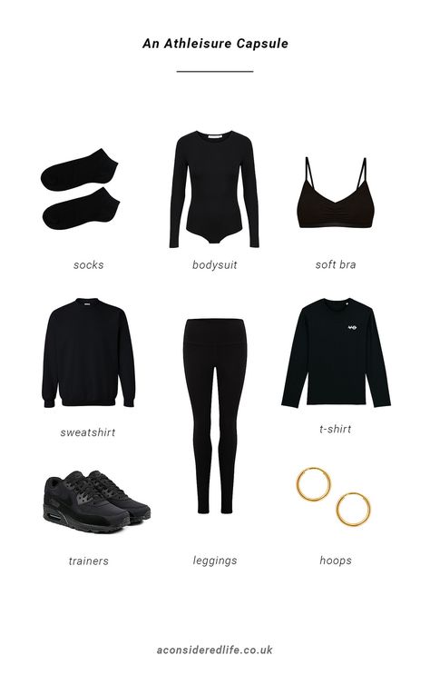 An Athleisure Capsule Wardrobe All Black Capsule Wardrobe, Plain Black Sweatshirt, Black Capsule Wardrobe, Postpartum Style, Capsule Clothing, Black Athleisure Outfits, Athleisure Capsule Wardrobe, Athleisure Capsule, All Black Nikes