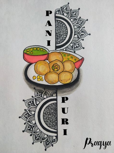 Brustro professional black pen and Doms water colour used for this mandala art work. #pinterest #pins #mandalaart #myartwork #food #panipuri #goodfood #goodmood Pani Puri Drawing, Indian Food Drawing, Pen Art Work, Interesting Drawings, Easy Mandala Drawing, Pani Puri, Mandela Art, Mandala Art Therapy, Journal Books