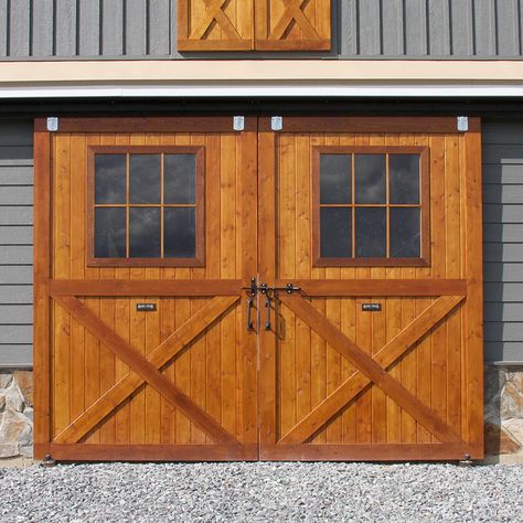 Pole Barn Garage Doors, Barn Doors On Barn, Barn Window Ideas, Barn Doors Outside, Garage Barn Doors, Barn Door With Window, Barn Doors Exterior, Bar Doors, Outdoor Barn Doors