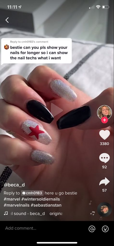 Bucky Barnes Inspired Nails, Easy Character Nails, Marvel Themed Nails, Marvel Nail Ideas, Bucky Barnes Nails, Deadpool And Wolverine Nails, Marvel Inspired Nails, Winter Soldier Nails, Marvel Nails Designs