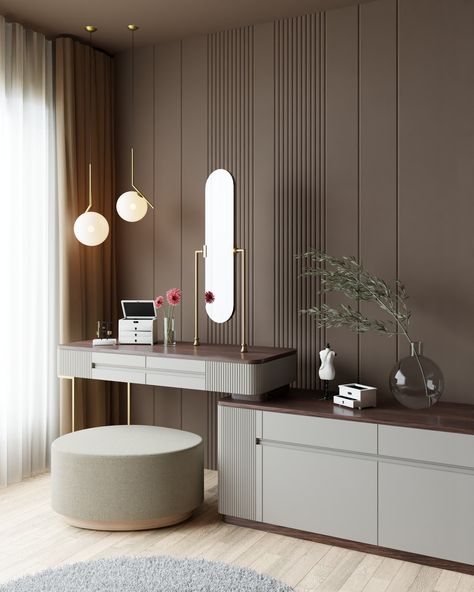 Mirror, mirror on the wall, who's ready to conquer it all? ✨ Start your day with inspiration from our stunning pivot mirror shown in a warm-toned interior! Don't forget to smile at yourself in the mirror today and remind yourself: it's going to be a great day! 💕 Mirrors For Dressing Tables, Vanity Ideas Bedroom Luxury, Bedroom With Round Mirror, Makeup Vanity Long Mirror, Dressing Room Colour Ideas, Dresser Room Design, Bedroom Working Table, Dresser Design With Mirror, Vanity In Room