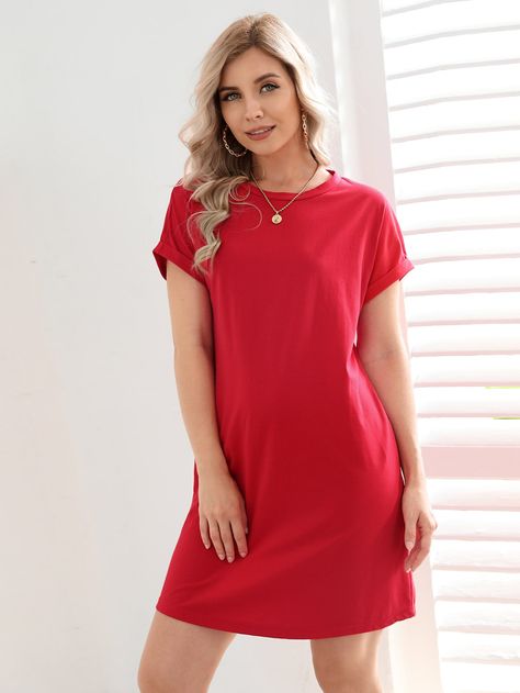 Red Casual  Short Sleeve Polyester Plain Tee  Slight Stretch Summer Women Dresses Short Frocks For Women, Navy Blue Dress Casual, Short Frocks, Shein Basics, Maxi Design, Belted Wrap Dress, Flounce Hem Dress, Green Dress Casual, Fancy Frocks