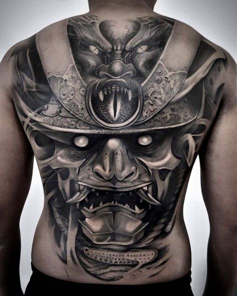 Asian Inkspiration ★ on Instagram: “Samurai Backpiece By 💥 @dannytruongtattoo 💥” Samurai Back Tattoo, Samurai Mask Tattoo, Japanese Back Tattoo, Samurai Warrior Tattoo, Backpiece Tattoo, Hanya Tattoo, Samurai Tattoo Design, Back Piece Tattoo, Chicano Style Tattoo