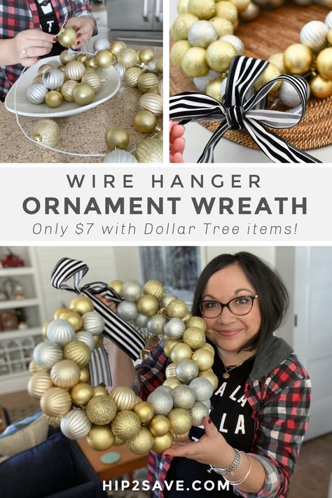 Christmas Wreaths Using Wire Form, Wire Hanger Christmas Wreath, Wire Hanger Wreath, How To Make A Bauble Wreath, Hanger Wreath Diy Christmas, Wire Hanger Wreaths, Diy Wreath Form, Ornament Wreath Hanger, Diy Christmas Ornament Wreath