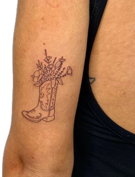 Cowboy Boots Tattoo, Boot Bouquet, Boots Tattoo, Boot Tattoo, Cowboy Boot Tattoo, Bouquet Of Wildflowers, Cowgirl Tattoos, Matching Best Friend Tattoos, Date Tattoos