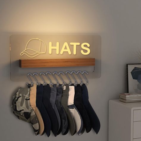 PRICES MAY VARY. Aesthetically Pleasing and Practical: Made with acrylic and wood materials, this hat organizer is both durable and stylish. It not only stores your hats, but adds a sleek and modern look to your home LED Lighting: This hat organizer features warm white LED lighting that adds a cozy and inviting ambiance to any space. The gentle glow makes finding your favorite hat a breeze USB Powered: This hat organizer comes with a USB data cable, making it easy to power and use wherever you n Baseball Hat Storage, Basketball Room Decor, Baseball Hat Racks, Light Up Hats, Basketball Room, Hat Organizer, Hat Racks, Hanging Hats, Small House Interior