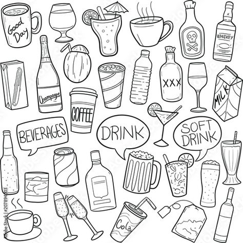 Stock Image: Drinks and Beverages Doodle Icon Hand Draw Line Art Beverage Drawing, Cocktail Doodle, Drinks Doodle, Drinks Drawing, Cocktails Drawing, Drink Doodles, Coffee Doodle, Doodle Icons, Doodle Frames