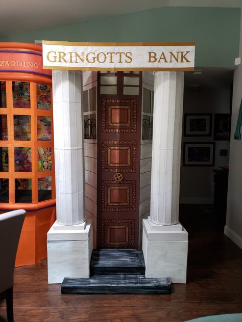 Diagon alley Diagon Alley Halloween Decor, Harry Potter Gringotts Bank Diy, Diagon Alley Store Fronts, Diagon Alley Party Decor, Cardboard Diagon Alley, Harry Potter Store Fronts Diy, Harry Potter Diagon Alley Diy, Diagon Alley Party, Diy Gringotts Bank