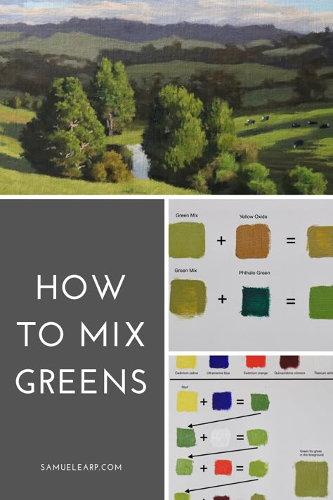 How To Make Green Color Paint, How To Make Green Paint, Mixing Oil Paint Colors, How To Paint Nature, How To Paint Landscapes Acrylics, How To Paint A Landscape, How To Paint Landscapes, Paintings Green, Landscape Ideas Front Yard Curb Appeal