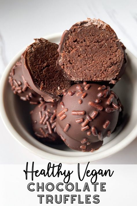 Healthy Vegan Chocolate Truffles Vegan Chocolate Truffles, Vegan Chocolate Recipes, Vegan Truffles, Vegan Baking Recipes, Plant Based Desserts, Healthy Vegan Desserts, Healthy Sweets Recipes, Healthy Chocolate, Vegan Dessert Recipes