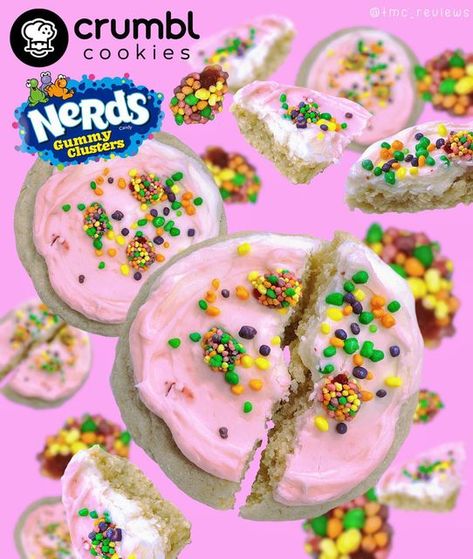 TMC Brand Designs & Reviews on Instagram: "🚨🗣#NEW⚠️ Still thinking about this succulent @Nerdscandy x @Crumblcookies Strawberry Limeade Cookie *featuring #Nerds #Gummy Clusters* 😍 it was so fun and much more yummy than I expected, did you try it? Limited edition Crumbl Strawberry Limeade cookie featured a lime cookie, topped with a marbled strawberry buttercream, Nerds candy, and Nerds Gummy Clusters for a tart-meets-sweet ratio, it was nicely fresh, with a crisp-to-soft texture, very flav Nerds Cookies, Crumbl Strawberry, Nerds Gummy Clusters, Gummy Clusters, Strawberry Limeade, Crumble Cookie, Lime Cookies, Nerds Candy, Strawberry Buttercream