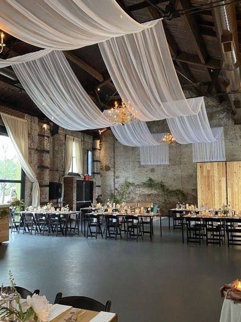 Ceiling Drapery, Wedding Drapery, Wedding Ceiling, Summer Centerpieces, Church Wedding Decorations, Denver Wedding, Event Lighting, Church Wedding, Insta Wedding