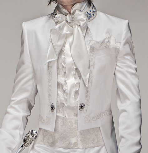 philanax idea - love the fusion of styles here, and the untraditional garments all feel like him, but spiffed up (even jeff whitty dresses up for openings) Brocade Shoes, White Satin Top, White Cane, Groom Suits, Prince Clothes, Ruffled Shirt, Outfit 2020, Groom Suit, Italian Wedding