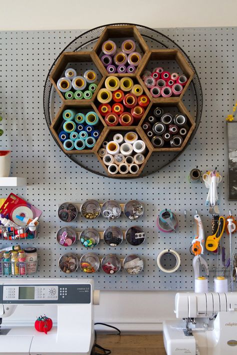 Check out this creative home office tour by Andrea's Notebook blog! Loving the 7-hexagon storage! So pretty!