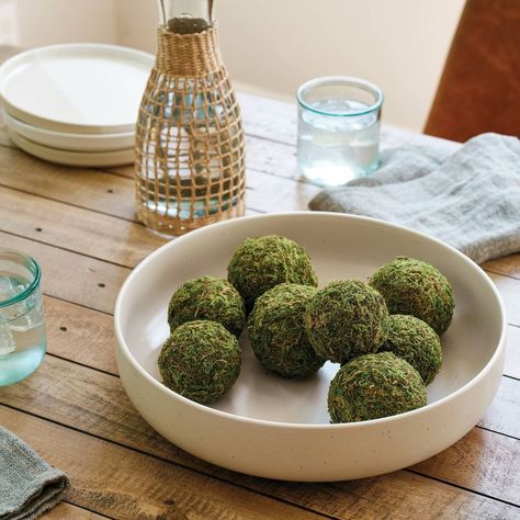 Green Moss Balls Decor, Decorative Balls For Bowls, What To Put In Decorative Bowl, Moss Balls Decor, Dark Moss Green, Decorative Bowl Filler, Family Room Remodel, Moss Ball, Faux Moss