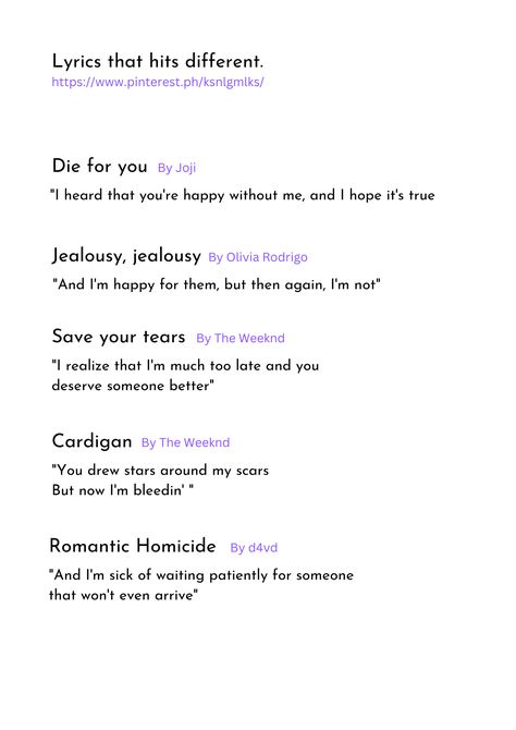 Lyrics That Hits Diff. (1/ ∞) - die for you, jealousy jealousy, save your tears, cardigan, romantic homicide, quotes, songs, playlist idea, hits diff Jealousy Song Lyrics, Jealousy Jealousy, Save Your Tears, Amused Quotes, Quotes Songs, Songs Playlist, Marriage Goals, Romantic Anime Couples, Good Morning Texts