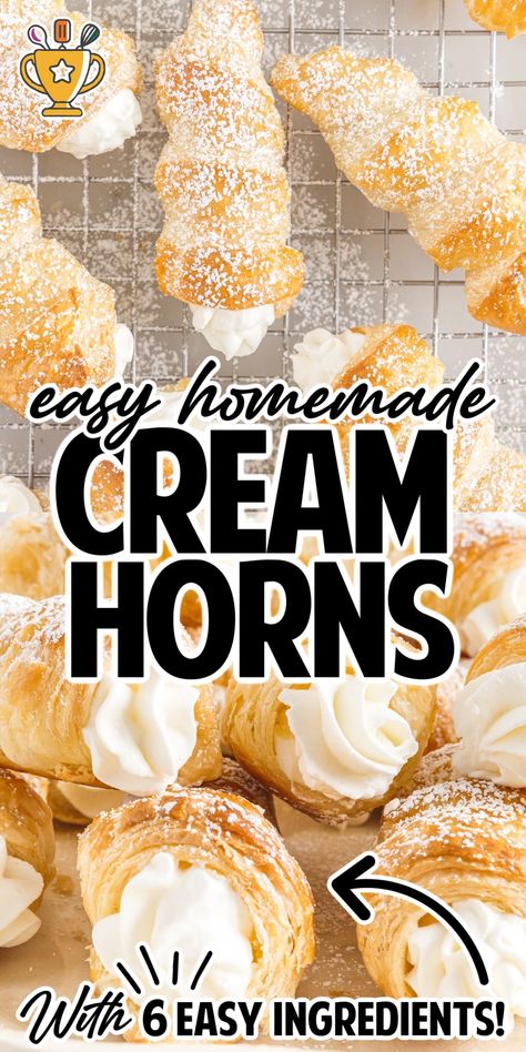 Cream horns are a flaky pastry filled with sweet cream, perfect for parties or any special occasion. This easy recipe creates bakery-quality treats in just 30 minutes! Creme Horn Recipe, Cream Horns Recipe, Pastry Horns, Puffed Pastry, Cream Horn, Pastry Cream Filling, Christmas Yummies, Cream Horns, Fluff Desserts