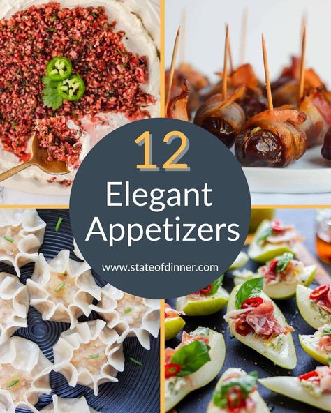 You don't have to go to a fancy party to have a fun New Year's Eve celebration! With these elegant appetizers, you can enjoy a festive evening right in your own home! Recipes include: Jalapeno Cranberry Dip Bacon-Wrapped Dates with Goat Cheese & Honey Shrimp Shumai Bourbon Pecan Brie Bites Balsamic Blueberry Marscarpone Crostini Pear Prosciutto Spinach & Ricotta Rolls Mini Bacon & Onion Pasties Baked Feta with Tomatoes Steak Crostini with Mushrooms & Truffle Oil Champagne Cheesecake Fruit Dip Black Tie Appetizers, High Class Appetizers, Fancy Appetizers For Two, Fancy New Years Appetizers, Elegant Appetizers Entertaining, Great Gatsby Appetizers, Classy Party Appetizers, Hordourves Party, Appetizer Recipes Elegant