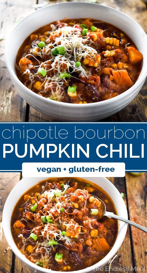 Chipotle Bourbon Pumpkin Chili - The Endless Meal® Chili Vegan, Pumpkin Chili, Meatless Monday Recipes, Fall Dinner Recipes, Fall Dinner, Vegetarian Recipes Easy, Pork Dishes, Meatless Monday, Save For Later