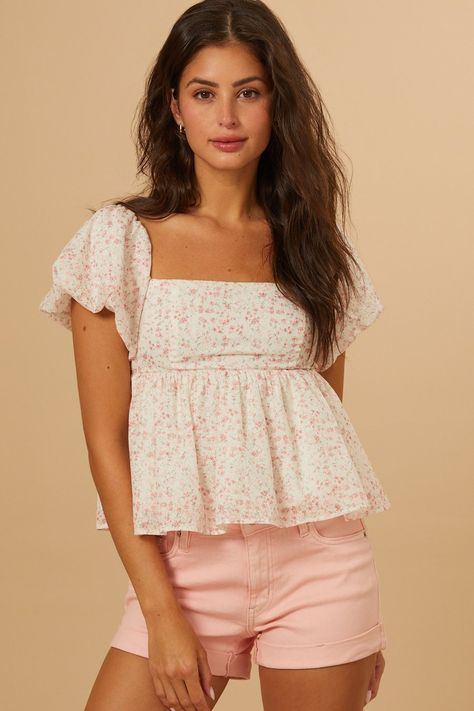 Eloise Puff Sleeve Top in Ivory & Coral | Altar'd State Romper And Boots, White Dress Boots, Floral Babydoll Top, Floral Embroidered Top, Ultra Feminine, Women's Blouses, Tie Styles, Fashion Inspiration Design, School Fits