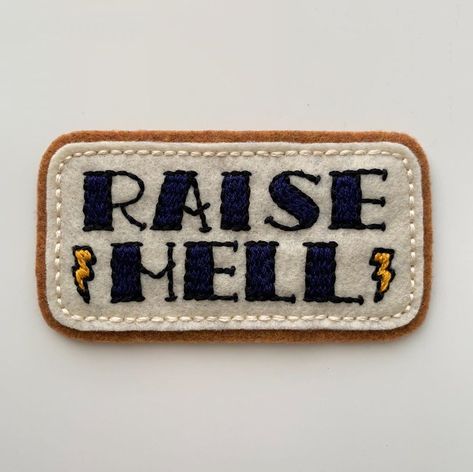 Fast Doll Fine Vintage on Instagram: “• Raise hell, y’all ⚡️⚡️ • • • • • • • #fastdollfinevintage #vintage #vintagestyle #embroidery #handembroidery #tattoos #tattooflash…” Felt Patch, Traditional Tattoo Flash, Vintage Patches, Patches Jacket, Tattoo Flash, Tattoo Lettering, Block Lettering, Vintage Labels, White Embroidery