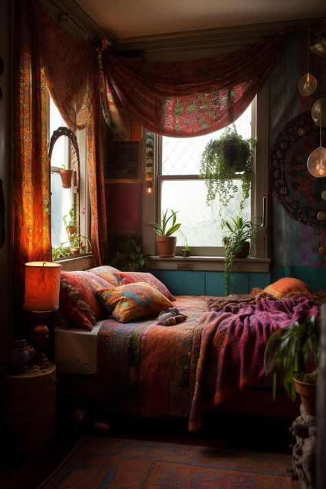 [PaidLink] A Bohemian Bedroom, With Colorful Window Treatments Adding To The Eclectic Decor. #bohemianeclecticdecorbedroom Bedroom With Window, Bohemian Eclectic Decor, 70s Bedroom, 70s Room, Eclectic Decor Bedroom, Bohemian Eclectic, Hippie Home Decor, Bohemian Bedroom, Dreamy Room