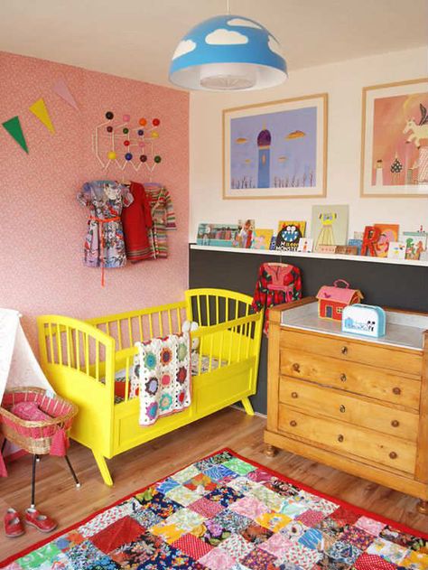 Nothing will be more fun than filling their walls with colourful decals - 10 Colourful Nurseries | Tinyme Blog Yellow Crib, Colorful Nursery Decor, Bright Nursery, Kids Room Ideas, Yellow Furniture, Painted Beds, Colorful Kids Room, Yellow Nursery, Yellow Bedding