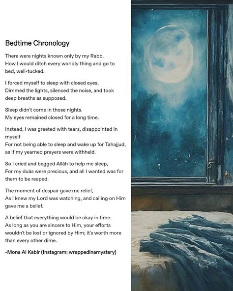 Based on a real story. I would just cry because I couldn't sleep and wake up to meet my Rabb at a time when almost everyone's asleep and I could pour out all my tears to Him alone. P.S. You can pray tahajjud even without sleeping. But praying tahajjud after you have woken up from sleep hits different. So yeah. 🥲 "Although some ulama are of the opinion that sleeping before tahajjud is preferred and more rewarding, it’s not necessary that we sleep before we can pray Tahajjud." By Ustadha Asm... Hits Different, Closed Eyes, P S, Wake Up, Sleep, Quick Saves