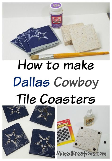 diy Dallas cowboys tile coasters | how to make tile coasters | how to decoupage a napkin on tile | make homemade tile coaster for gifts #Repurposed #upcycle #Tile #DiyTileCoaster #GiftIdea #DallasCowboyCoasters #DallasCowboys MixedKreations.com Cowboy Centerpieces, Dallas Cowboys Room, Dallas Cowboys Crafts, Dallas Cowboys Birthday, Dallas Cowboys Party, Dallas Cowboys Wreath, Dallas Cowboys Christmas, Diy Coasters Tile, Dallas Cowboys Gifts