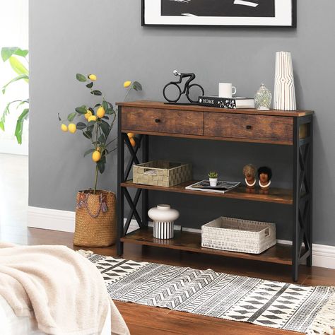 Console table in rustic, industrial styleFeatures:This console table made of chipboard with metal frame impresses with its stylish design.Its decorative tabletop offers space for decorative objects, books, plants and much moreThe product is also characterized by high durability and stabilityTop Material: Manufactured WoodTop Material Details: Top Metal Finish Application: Top Manufactured Wood Type: Particle Board/ChipboardTop Wood Species: Top Glass Type: Base Material: SteelBase Material Detai Decor Behind Couch, Moody Industrial, Industrial Console Tables, Drawers And Shelves, Stil Rustic, Retro Farmhouse, Hallway Console, Console Table With Drawers, Entrance Table