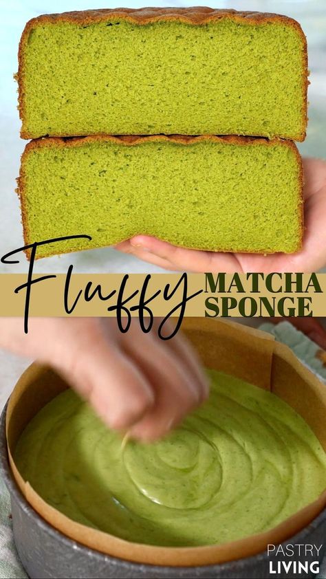 fluffy green tea sponge cake cut in half Matcha Yogurt Cake, Healthy Sponge Cake Recipe, Macha Cake Recipe, Matcha Green Tea Cake, Green Tea Cake Recipe, Matcha Cake Recipe Easy, Matcha Sponge Cake, Easy Matcha Desserts, Matcha Bread Recipes