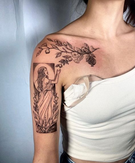 Ephemeral Tattoo, Front Shoulder Tattoos, Goddess Tattoo, Mythology Tattoos, Feminine Tattoo, Tattoo Ideas For Women, Female Tattoo, Tattoo Trends, Feminine Tattoos