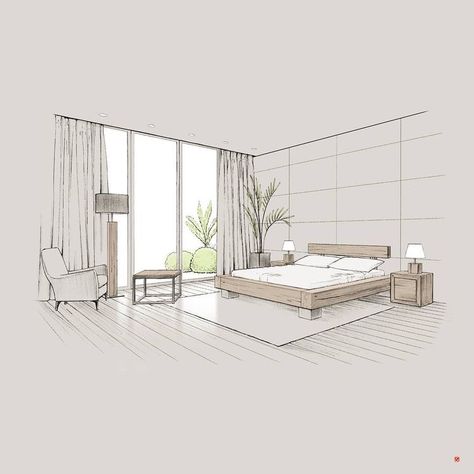 Interior Architecture Sketch, Interior Design Sketchbook, Furniture Design Sketches, Noi That, Bedroom Drawing, Interior Design Renderings, Interior Architecture Drawing, Drawing Interior, Interior Design Drawings