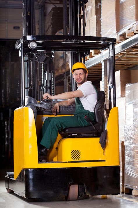 Smiling forklift driver. Smiling male worker in yellow forklift in the warehouse #Sponsored , #AFFILIATE, #Sponsored, #forklift, #yellow, #warehouse, #driver Forklift Training, Warehouse Worker, Tool Sheds, Stock Images, Collage, Yellow, Pins, Quick Saves