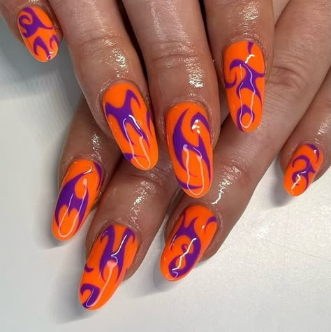 Neon Orange Nails, Orange Nail Art, Retro Nails, Neon Nails, Orange Nails, Heart Nails, Fire Nails, Funky Nails, Dope Nails