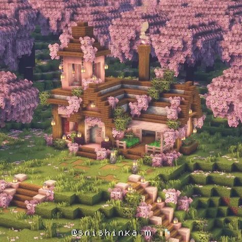 Minecraft Cherry Blossom Aesthetic, Minecraft Cherry Blossom Cottage, Cherry Biome Minecraft House, Cherry Blossom Cottage Minecraft, Cherry Blossom Builds Minecraft, Cherry Blossom Builds, Pretty Minecraft Builds, Minecraft Staircase Design, Cherry Blossom House Minecraft