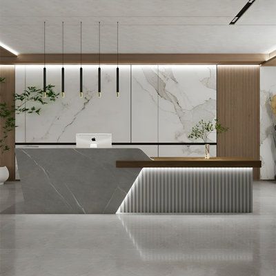 Fashion company reception, simple but not simple, give you a more atmospheric reception, open your business journey | Ivy Bronx Jisele Rectangular Laminate Reception Desk w/ Filing Cabinet 39.37 x 110.23 x 23.62 in | C110017492_339224028_339224033 | Wayfair Canada Office Receptionist Design, Angled Reception Desk, Reception Area Design Modern, Accessible Reception Desk, Receptionist Interior Design, Corporate Reception Design, Modern Reception Table Design, Reception Podium, Reception Desk Design Office