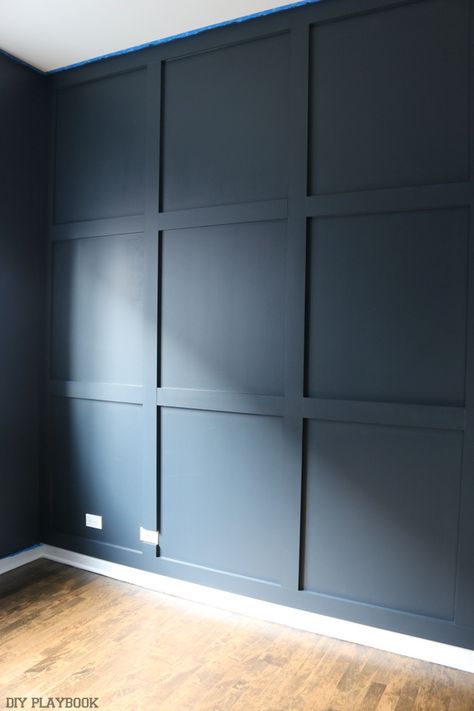 Painting the Guest Room Navy - DIY Playbook Diy Wood Wall Paneling, Dutch Licorice, Diy Wood Wall, Painted Wood Walls, Wall Paneling Diy, Diy Playbook, Wood Accent Wall, Accent Wall Bedroom, Diy Holz