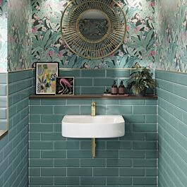 Small Wc Ideas Downstairs Loo, Bathroom Remake, Metro Tiles Bathroom, Tiny Toilet, Brick Ceramic Tile, Timeless Bathroom Design, Wc Decoration, Small Downstairs Toilet, Turquoise Bathroom