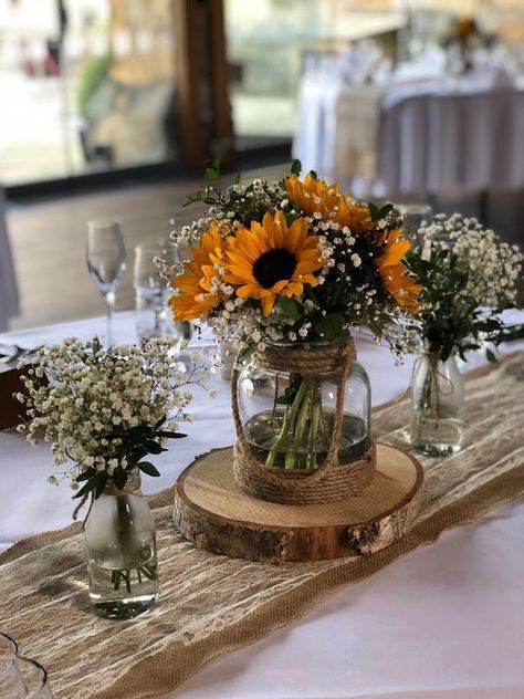 Sunflower And Roses Centerpieces Wedding, Wedding Table Centerpieces Sunflowers, Sun Flower Centerpieces, September Table Centerpieces, Sun Flower Wedding Bouquet, Sunflower Decorations For Wedding, Sunflowers At Wedding, Wedding Decorations Sunflowers, Wedding Centerpieces With Sunflowers