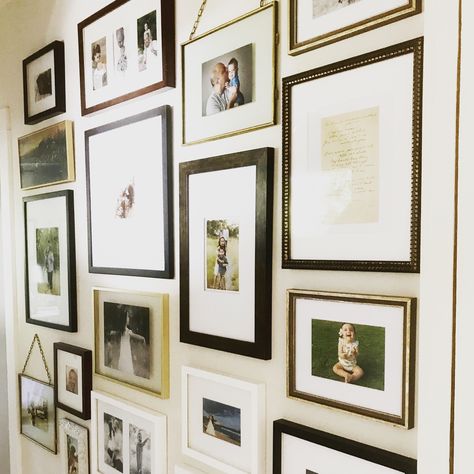 Photo Gallery Wall Mixed Frames, Family Photos Hallway Wall Collage, Mixed Gallery Wall Hallway, Photo Wall Collage Above Stairs, Mixed Frame Photo Wall, Collected Family Photo Wall, Photo Wall Collage Mixed Frames, Photo Wall Collage Eclectic, Family Photo Wall Hallway