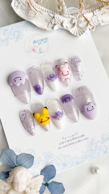 Ditto Nails Pokemon, Nail Designs Pokemon, Psyduck Nails, Mimikyu Nails, Ditto Nails, Pokemon Nails Designs, Kawaii Nail Designs, Pokemon Nail Art, Uñas Nail Art