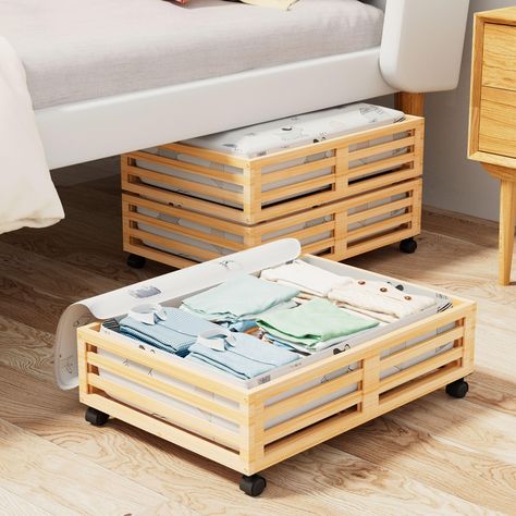 PRICES MAY VARY. 👍[Maximizes Space] Maximize your storage space with this Bamboo under bed storage container. lets you store items away from sight without taking up floor space! Dimensions :23.62"L×16.54"W× 5.51"H (without Wheels)/6.5"H (with Wheels).Perfect for small bedrooms and apartments. The under bed storage bins can be used under beds, in closets, on shelves or under sofa. A good choice for bedroom, dorm room, basement and more 👍[Sturdy and Durable] Our underbed storage units are built Underbed Purse Storage, Underbed Storage Bag, Storage Basket In Bedroom, Under Bed Bag Storage, Crate Shelf Over Bed, Where To Store Pillows And Blankets, Cabinet Storage Bed, Boxes For Under Bed, Under Bed Storage For Shoes