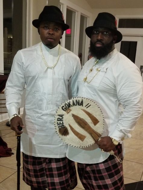 Traditional Niger Deltan Attire From Rivers State [ Gokana, Ogoni ]. Etibo [ Shirt ] w/ George Wrapper Tied & Brimmed Hat Rivers State Traditional Attire For Men, Etibo Styles For Men, Igbo Culture, African Attire For Men, Brimmed Hat, African Prints, Traditional Attire, African Attire, African Print