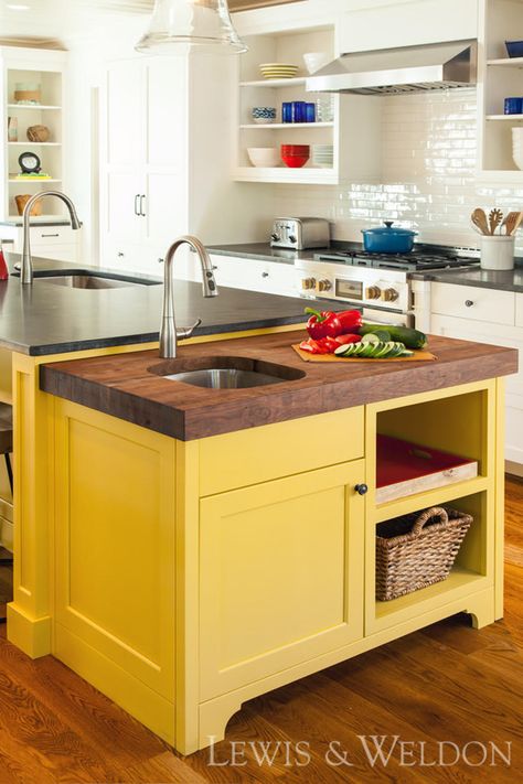 This yellow island in the kitchen adds the perfect pop of color. The island is Bright Yellow by Benjamin Moore, the surrounding cabinetry is Benjamin Moore Frosty White, and the countertop is Honed Jet Mist Granite. This kitchen also features a 3" wooden butcher block end. Vj Kitchen, Laundry Ideas, Happy Kitchen, Cabinetry Design, Spanish Revival, Active Kids, Custom Kitchens, White Cabinetry, Yellow Kitchen