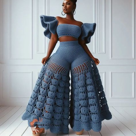 CROCHET PATTERNS AND INSPIRATION | Denim themed crochet❤️😘 #crochetdenim #crochetdenimpants #crochetdenimtops #crochetpantsuits #aiart #aiartwork #aiartcommunity… | Instagram Knitting Dresses, Denim Crochet, Crochet Wear, Crochet Outfit, Crochet Pants, Handmade Skirts, Crochet Skirts, Crochet Clothing And Accessories, Crochet Inspo