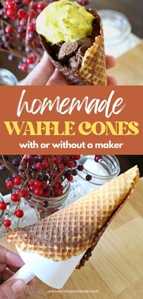 homemade waffle cones being shaped, and a homemade waffle cone filled with ice cream with text that says homemade waffle cones with or without a maker Waffle Cone Recipe Without Maker, Waffle Bowl Recipe, Homemade Waffle Cones, Homemade Waffle, Waffle Cone Recipe, Waffle Cone Maker, Waffle Bowl, Einkorn Flour, Homemade Waffles